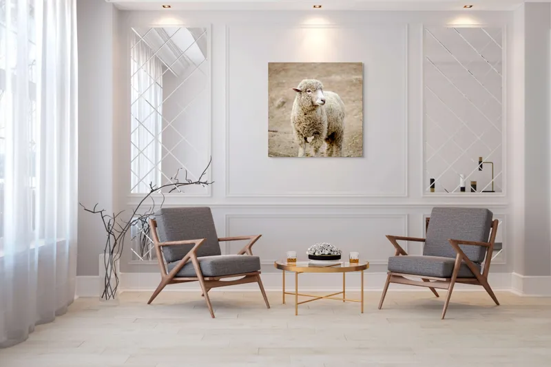 Tablou Canvas, "Oaia visând la pășunile verzi", Lână, Oaie, Blană, Curiozitate, Peisaj, Fermă, Natură, Blândă, Pufos, Pajiște, 100 x 100 cm – poza 7