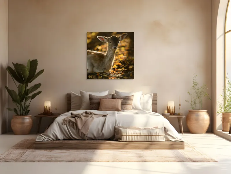 Tablou Canvas, "Căprioară în lumina toamnei blânde", Blândețe, Natură, Pădure, Lumină, Frunze, Serinitate, Privire, Toamnă, Seninătate, 100 x 100 cm – poza 4