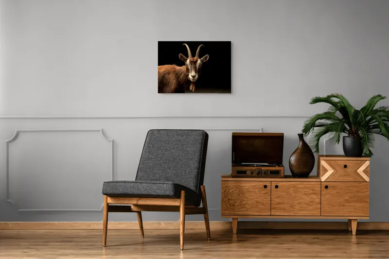 Tablou Canvas, "Capra pe fundal întunecat", Goat, Horns, Brown, Portrait, Darkness, Animal, Whiskers, 70 x 50 cm – poza 4