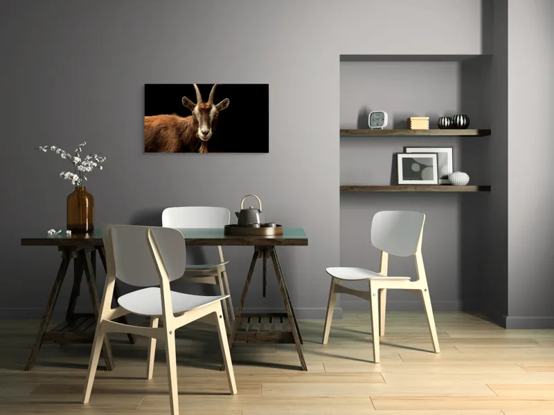 Tablou Canvas, "Capra pe fundal întunecat", Goat, Horns, Brown, Portrait, Darkness, Animal, Whiskers, 90 x 50 cm – poza 3