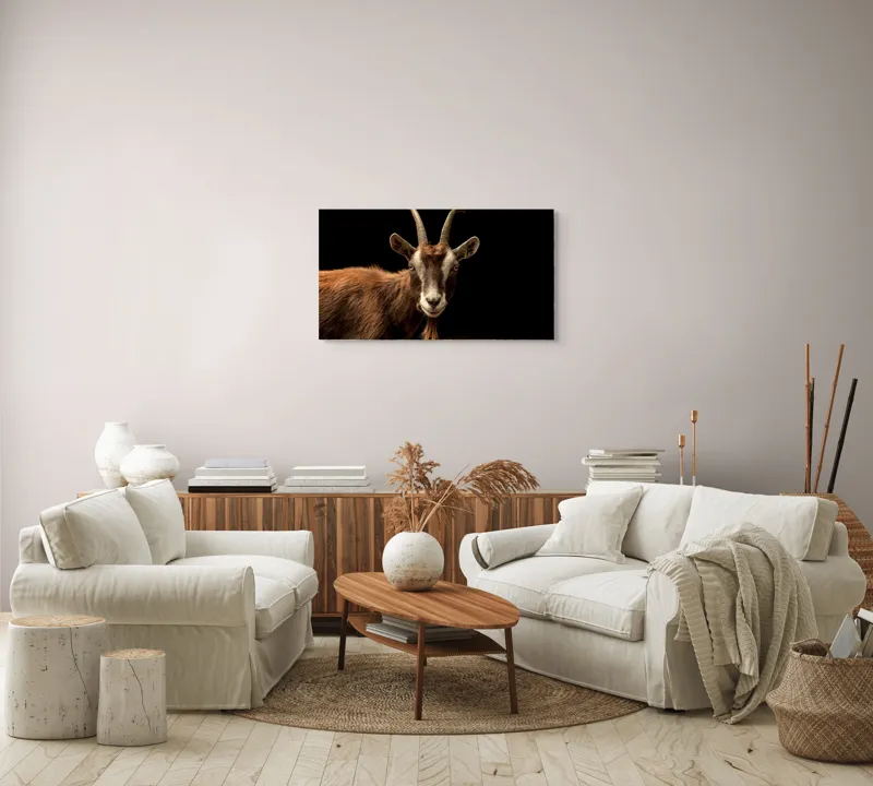 Tablou Canvas, "Capra pe fundal întunecat", Goat, Horns, Brown, Portrait, Darkness, Animal, Whiskers, 90 x 50 cm – poza 4