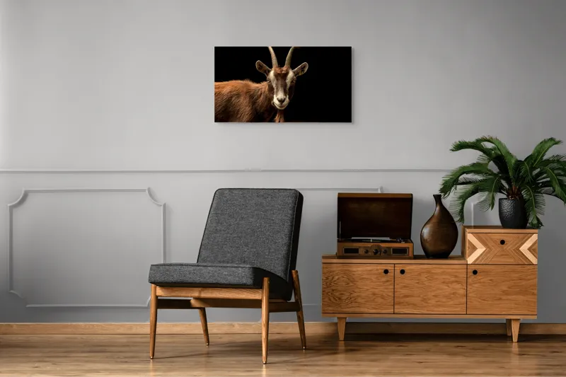 Tablou Canvas, "Capra pe fundal întunecat", Goat, Horns, Brown, Portrait, Darkness, Animal, Whiskers, 90 x 50 cm – poza 6