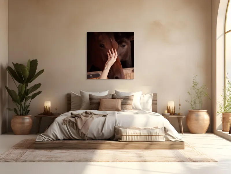 Tablou Canvas, "Mângâierea calului în lumina blândă", 100 x 100 cm – poza 4