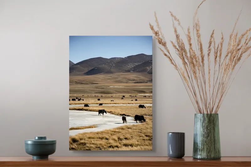 Tablou Canvas, "Iarna în stepele mongole misterioase", Dealuri, Iarbă, Iaci, Lăptos, Peisaj, Munți, Câmpie, Cer, Horizon, Râu, Natura, Pășune, Animale, Senin, Calm., 39 x 54 cm – poza 3