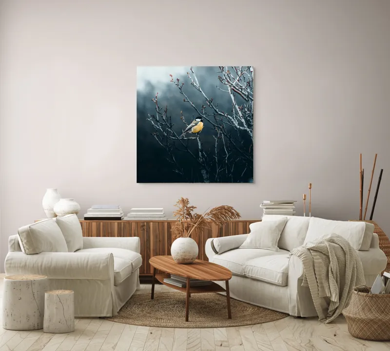 Tablou Canvas, "Pasăre în taina crengilor uscate", Răceală, Melancolie, Ramuri, Păsărele, Contrast, Natură, Singurătate, 100 x 100 cm – poza 3