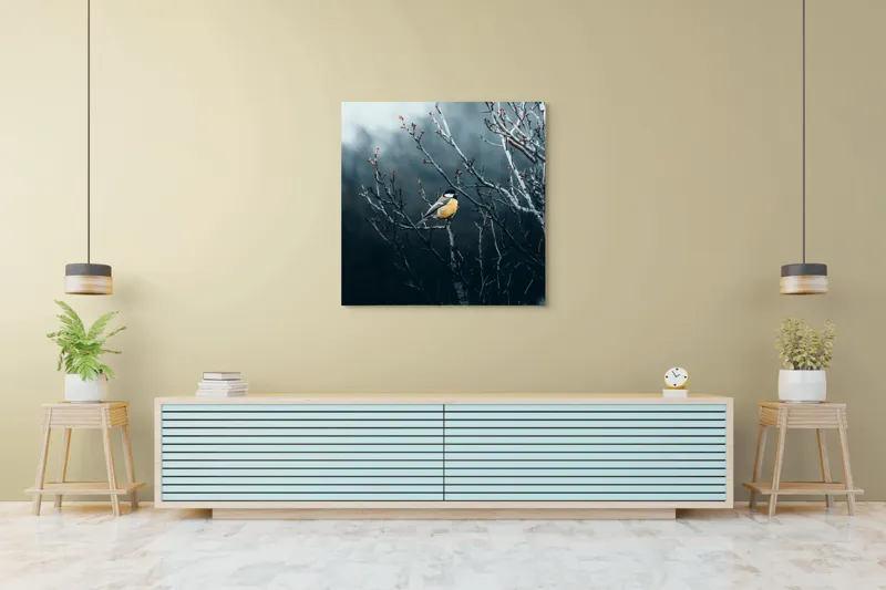 Tablou Canvas, "Pasăre în taina crengilor uscate", Răceală, Melancolie, Ramuri, Păsărele, Contrast, Natură, Singurătate, 100 x 100 cm – poza 5