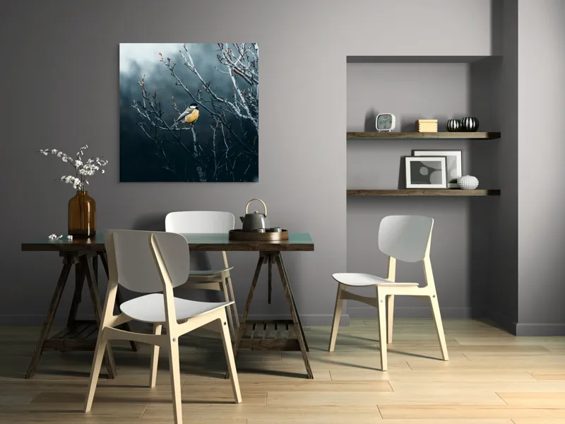 Tablou Canvas, "Pasăre în taina crengilor uscate", Răceală, Melancolie, Ramuri, Păsărele, Contrast, Natură, Singurătate, 100 x 100 cm – poza 6