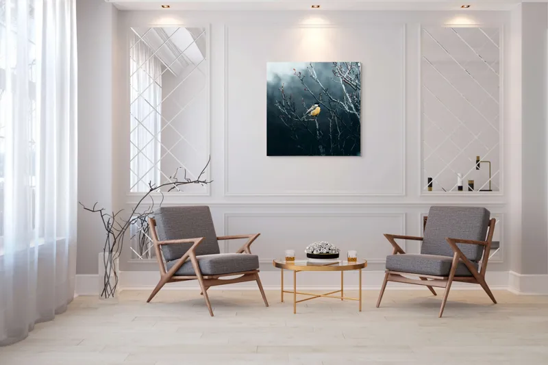 Tablou Canvas, "Pasăre în taina crengilor uscate", Răceală, Melancolie, Ramuri, Păsărele, Contrast, Natură, Singurătate, 100 x 100 cm – poza 7