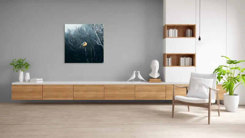 Tablou Canvas, "Pasăre în taina crengilor uscate", Răceală, Melancolie, Ramuri, Păsărele, Contrast, Natură, Singurătate, 100 x 100 cm – poza 8