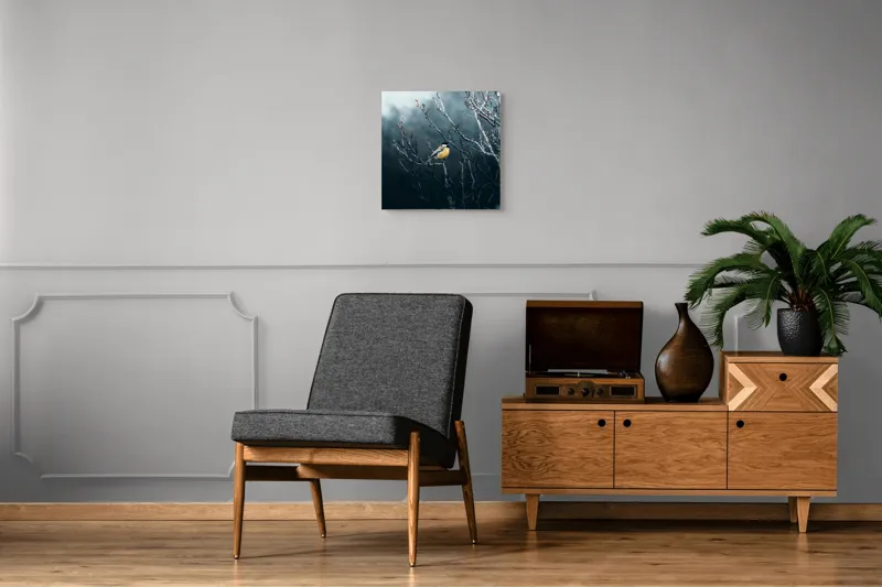 Tablou Canvas, "Pasăre în taina crengilor uscate", Răceală, Melancolie, Ramuri, Păsărele, Contrast, Natură, Singurătate, 50 x 50 cm – poza 6