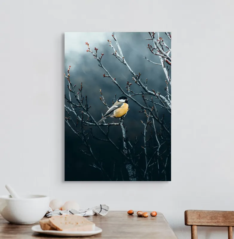 Tablou Canvas, "Pasăre în taina crengilor uscate", Răceală, Melancolie, Ramuri, Păsărele, Contrast, Natură, Singurătate, 50 x 70 cm – poza 3