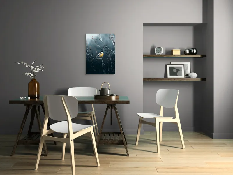 Tablou Canvas, "Pasăre în taina crengilor uscate", Răceală, Melancolie, Ramuri, Păsărele, Contrast, Natură, Singurătate, 50 x 70 cm – poza 5