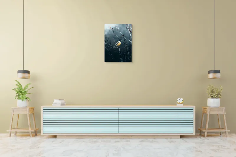 Tablou Canvas, "Pasăre în taina crengilor uscate", Răceală, Melancolie, Ramuri, Păsărele, Contrast, Natură, Singurătate, 50 x 70 cm – poza 6