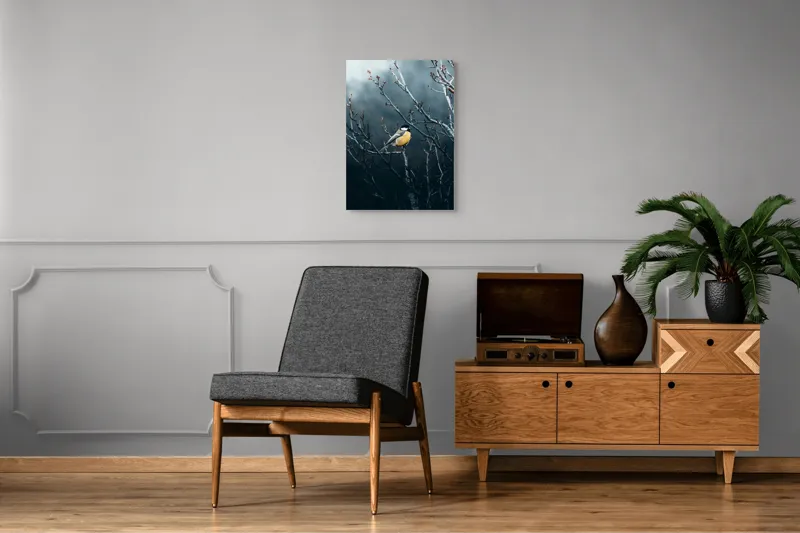 Tablou Canvas, "Pasăre în taina crengilor uscate", Răceală, Melancolie, Ramuri, Păsărele, Contrast, Natură, Singurătate, 50 x 70 cm – poza 8
