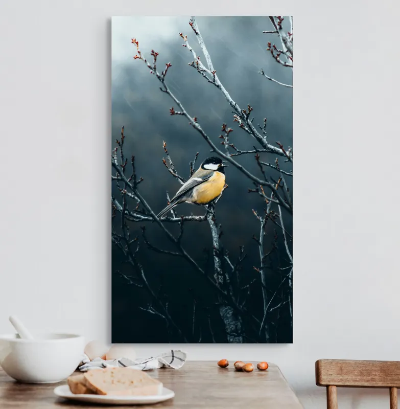 Tablou Canvas, "Pasăre în taina crengilor uscate", Răceală, Melancolie, Ramuri, Păsărele, Contrast, Natură, Singurătate, 50 x 90 cm – poza 3