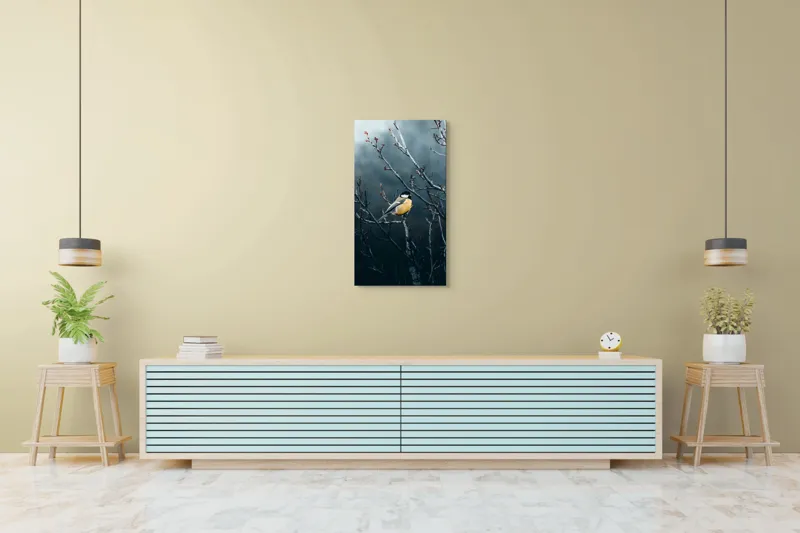 Tablou Canvas, "Pasăre în taina crengilor uscate", Răceală, Melancolie, Ramuri, Păsărele, Contrast, Natură, Singurătate, 50 x 90 cm – poza 6