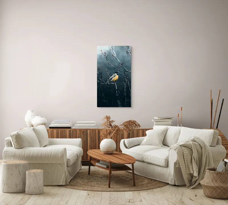 Tablou Canvas, "Pasăre în taina crengilor uscate", Răceală, Melancolie, Ramuri, Păsărele, Contrast, Natură, Singurătate, 50 x 90 cm – poza 7