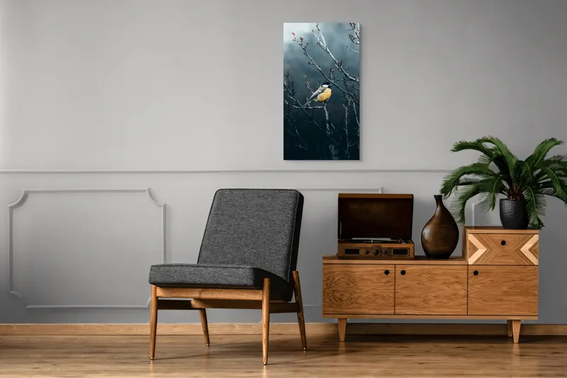 Tablou Canvas, "Pasăre în taina crengilor uscate", Răceală, Melancolie, Ramuri, Păsărele, Contrast, Natură, Singurătate, 50 x 90 cm – poza 8