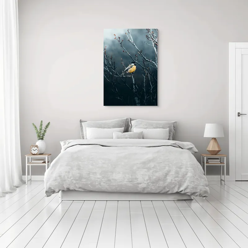 Tablou Canvas, "Pasăre în taina crengilor uscate", Răceală, Melancolie, Ramuri, Păsărele, Contrast, Natură, Singurătate, 70 x 100 cm – poza 3