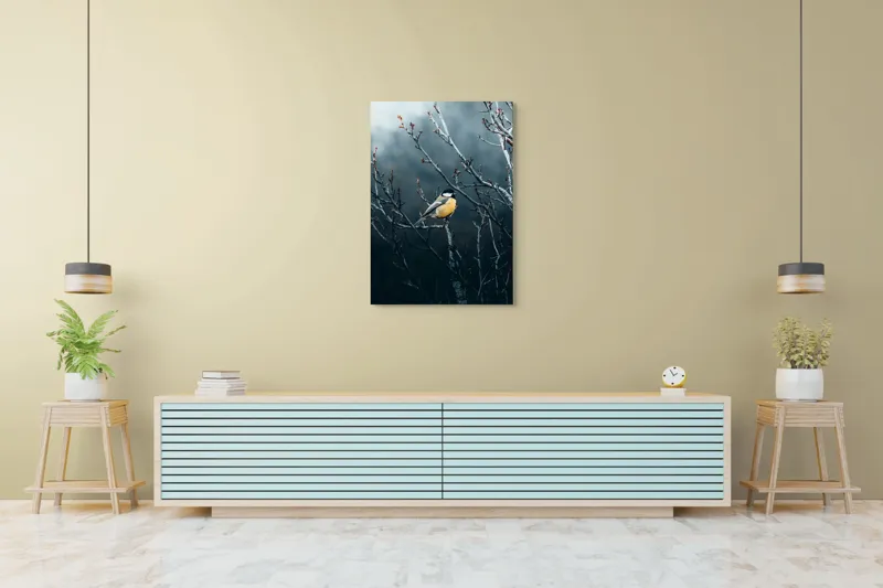 Tablou Canvas, "Pasăre în taina crengilor uscate", Răceală, Melancolie, Ramuri, Păsărele, Contrast, Natură, Singurătate, 70 x 100 cm – poza 5