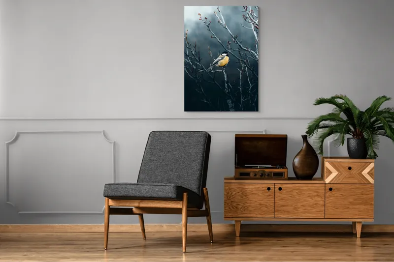 Tablou Canvas, "Pasăre în taina crengilor uscate", Răceală, Melancolie, Ramuri, Păsărele, Contrast, Natură, Singurătate, 70 x 100 cm – poza 6