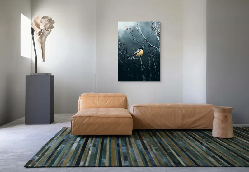 Tablou Canvas, "Pasăre în taina crengilor uscate", Răceală, Melancolie, Ramuri, Păsărele, Contrast, Natură, Singurătate, 70 x 100 cm – poza 7