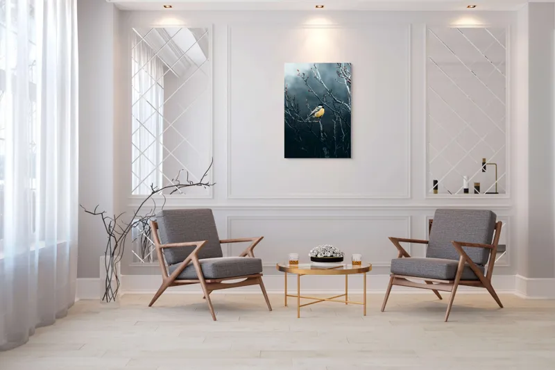 Tablou Canvas, "Pasăre în taina crengilor uscate", Răceală, Melancolie, Ramuri, Păsărele, Contrast, Natură, Singurătate, 70 x 100 cm – poza 8