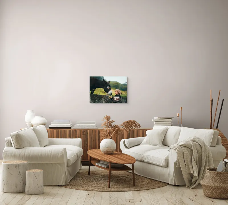 Tablou Canvas, "Băiatul și măgarul prieteni de nădejde", Copil, Măgar, Prietenie, Grădină, Natură, Blândețe, Atenție, Vârfuri, Verdeață, Lână., 54 x 39 cm – poza 5