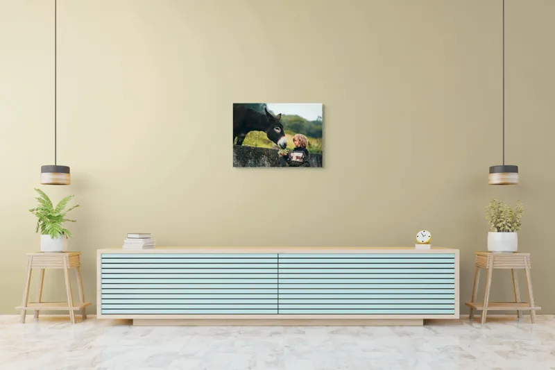 Tablou Canvas, "Băiatul și măgarul prieteni de nădejde", Copil, Măgar, Prietenie, Grădină, Natură, Blândețe, Atenție, Vârfuri, Verdeață, Lână., 70 x 50 cm – poza 7