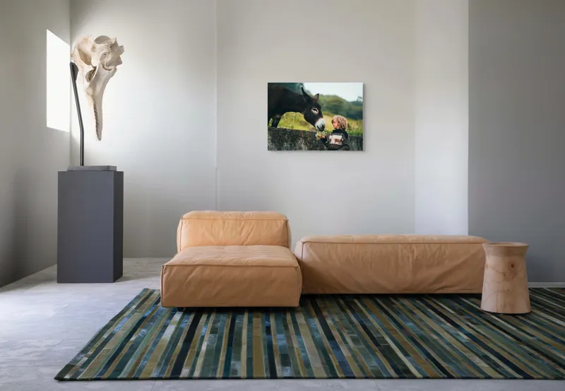 Tablou Canvas, "Băiatul și măgarul prieteni de nădejde", Copil, Măgar, Prietenie, Grădină, Natură, Blândețe, Atenție, Vârfuri, Verdeață, Lână., 70 x 50 cm – poza 8