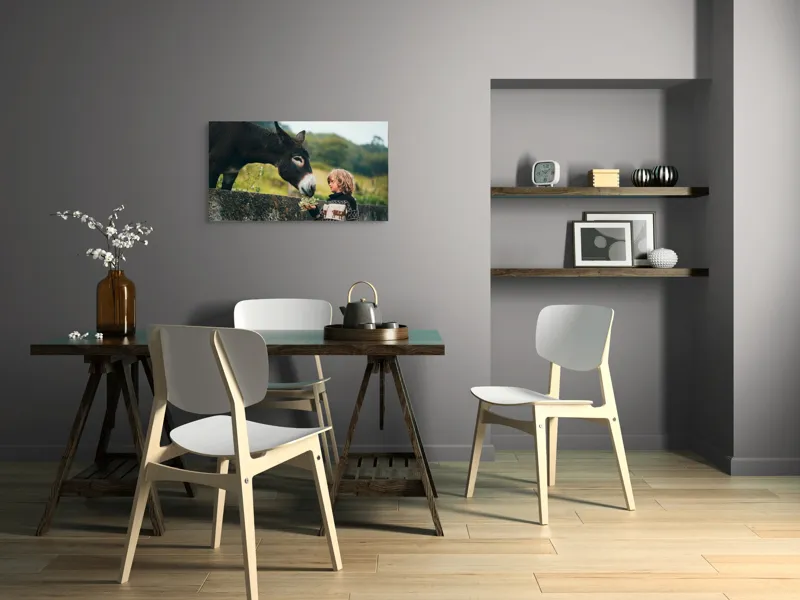 Tablou Canvas, "Băiatul și măgarul prieteni de nădejde", Copil, Măgar, Prietenie, Grădină, Natură, Blândețe, Atenție, Vârfuri, Verdeață, Lână., 90 x 50 cm – poza 3