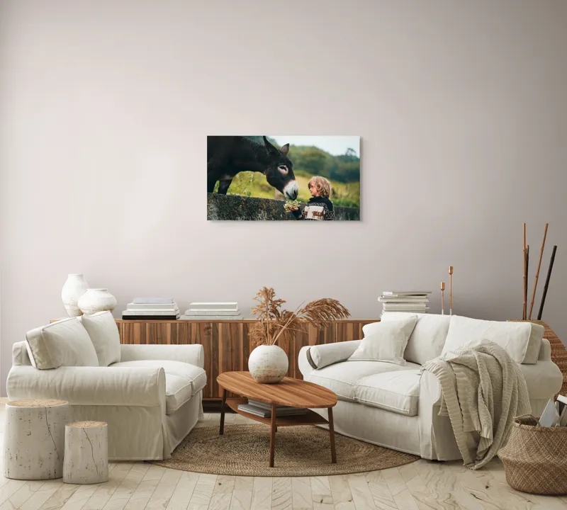 Tablou Canvas, "Băiatul și măgarul prieteni de nădejde", Copil, Măgar, Prietenie, Grădină, Natură, Blândețe, Atenție, Vârfuri, Verdeață, Lână., 90 x 50 cm – poza 4