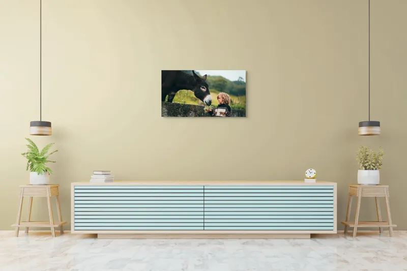 Tablou Canvas, "Băiatul și măgarul prieteni de nădejde", Copil, Măgar, Prietenie, Grădină, Natură, Blândețe, Atenție, Vârfuri, Verdeață, Lână., 90 x 50 cm – poza 5