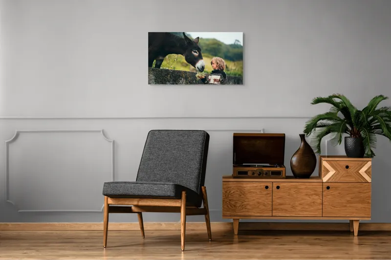 Tablou Canvas, "Băiatul și măgarul prieteni de nădejde", Copil, Măgar, Prietenie, Grădină, Natură, Blândețe, Atenție, Vârfuri, Verdeață, Lână., 90 x 50 cm – poza 6