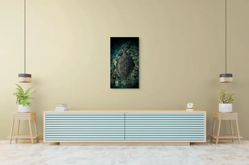 Tablou Canvas, "Bucurându-se de liniștea adâncurilor marine", Broască, Țestoasă, Coral, Ocean, Adâncuri, Subacvatic, Natură, Marine, Frumusețe, 50 x 90 cm – poza 6
