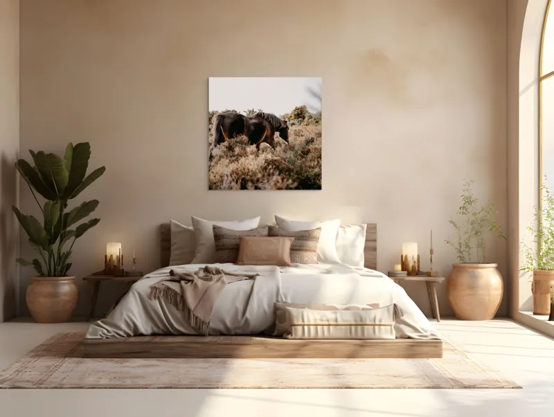 Tablou Canvas, "Cai sălbatici în peisaj natural", Cal, Natură, Vegetație, Sălbăticie, Peisaj, Frumusețe, Libertate, Serenitate, 100 x 100 cm – poza 4