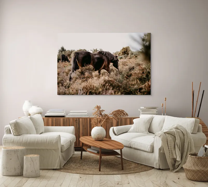 Tablou Canvas, "Cai sălbatici în peisaj natural", Cal, Natură, Vegetație, Sălbăticie, Peisaj, Frumusețe, Libertate, Serenitate, 150 x 100 cm – poza 3