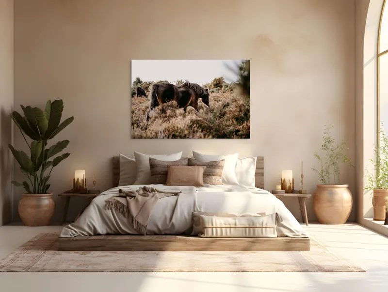 Tablou Canvas, "Cai sălbatici în peisaj natural", Cal, Natură, Vegetație, Sălbăticie, Peisaj, Frumusețe, Libertate, Serenitate, 150 x 100 cm – poza 4