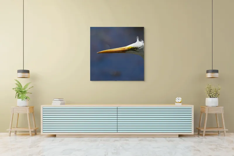 Tablou Canvas, "Grațioasa egretă în lumină albastră", Pasăre, Cap, Cioc, Pană, Ochi, Fundal, Natură, Eleganță, Profil., 100 x 100 cm – poza 5