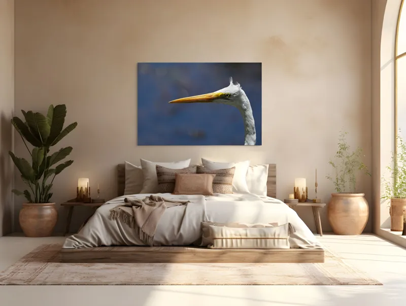 Tablou Canvas, "Grațioasa egretă în lumină albastră", Pasăre, Cap, Cioc, Pană, Ochi, Fundal, Natură, Eleganță, Profil., 150 x 100 cm – poza 4