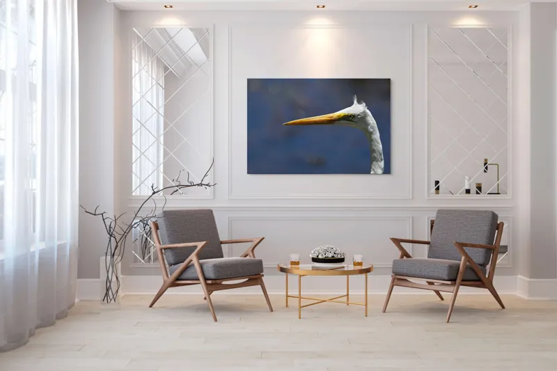 Tablou Canvas, "Grațioasa egretă în lumină albastră", Pasăre, Cap, Cioc, Pană, Ochi, Fundal, Natură, Eleganță, Profil., 150 x 100 cm – poza 7