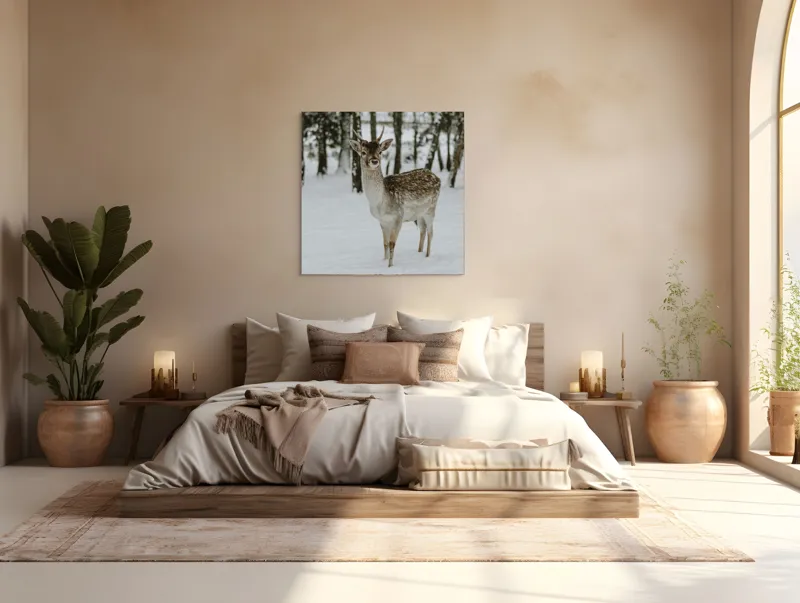 Tablou Canvas, "Pădurea de iarnă și un cerb", Cerb, Zăpadă, Pădure, Iarnă, Natură, Calm, Frumusețe, Sălbăticie, Copaci, Peisaj, 100 x 100 cm – poza 4