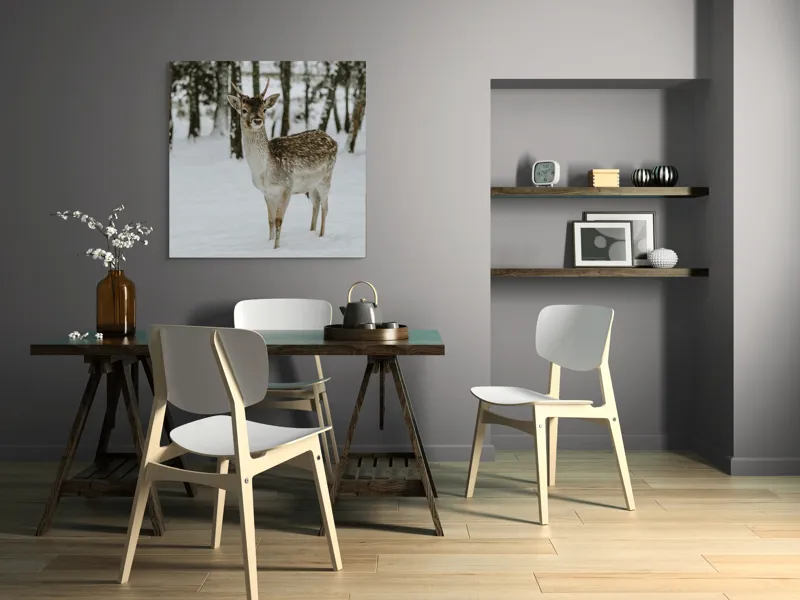 Tablou Canvas, "Pădurea de iarnă și un cerb", Cerb, Zăpadă, Pădure, Iarnă, Natură, Calm, Frumusețe, Sălbăticie, Copaci, Peisaj, 100 x 100 cm – poza 6