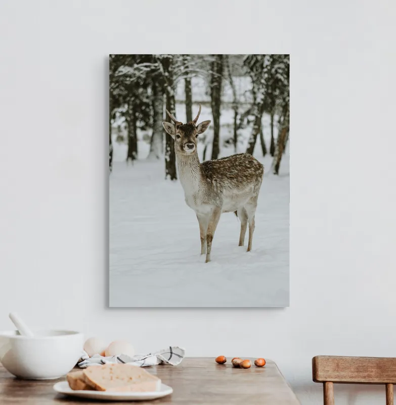 Tablou Canvas, "Pădurea de iarnă și un cerb", Cerb, Zăpadă, Pădure, Iarnă, Natură, Calm, Frumusețe, Sălbăticie, Copaci, Peisaj, 50 x 70 cm – poza 3