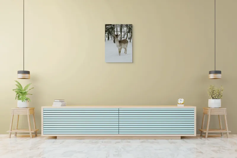Tablou Canvas, "Pădurea de iarnă și un cerb", Cerb, Zăpadă, Pădure, Iarnă, Natură, Calm, Frumusețe, Sălbăticie, Copaci, Peisaj, 50 x 70 cm – poza 6