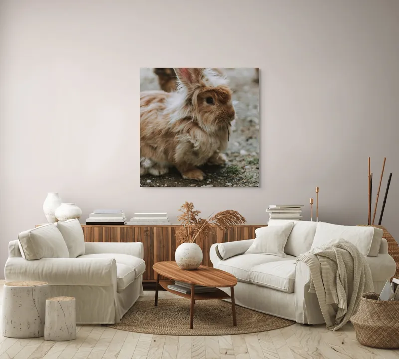 Tablou Canvas, "Pufosul de lângă vizuină toamna", Iepure, Pufos, Blană, Urechiușe, Gingaș, Drăgălaș, Natură, Calm, Morcov., 100 x 100 cm – poza 3