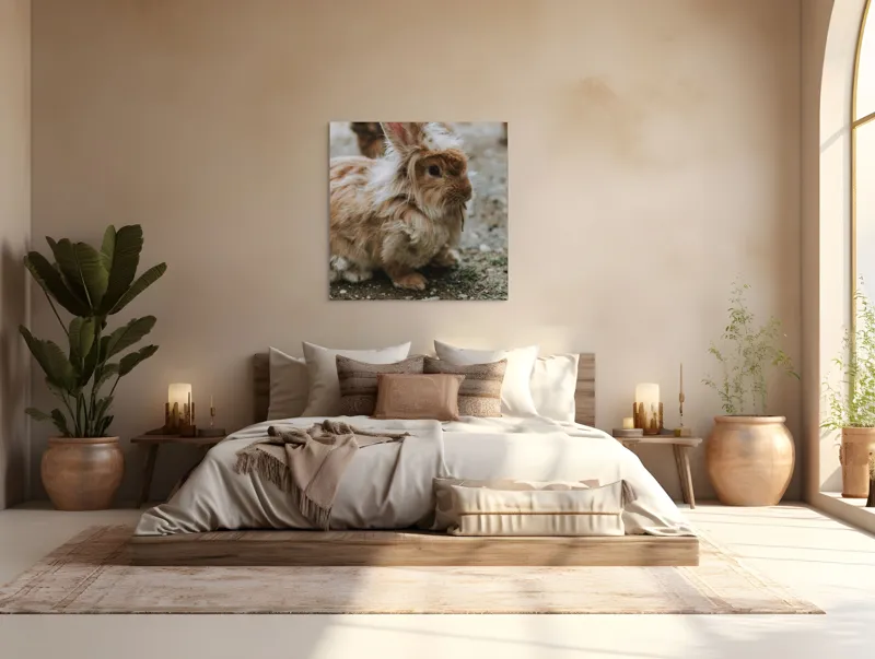 Tablou Canvas, "Pufosul de lângă vizuină toamna", Iepure, Pufos, Blană, Urechiușe, Gingaș, Drăgălaș, Natură, Calm, Morcov., 100 x 100 cm – poza 4