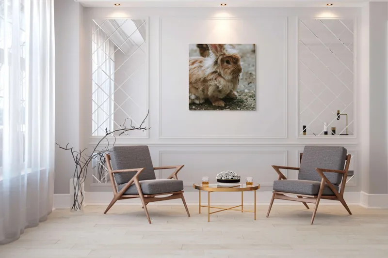 Tablou Canvas, "Pufosul de lângă vizuină toamna", Iepure, Pufos, Blană, Urechiușe, Gingaș, Drăgălaș, Natură, Calm, Morcov., 100 x 100 cm – poza 7