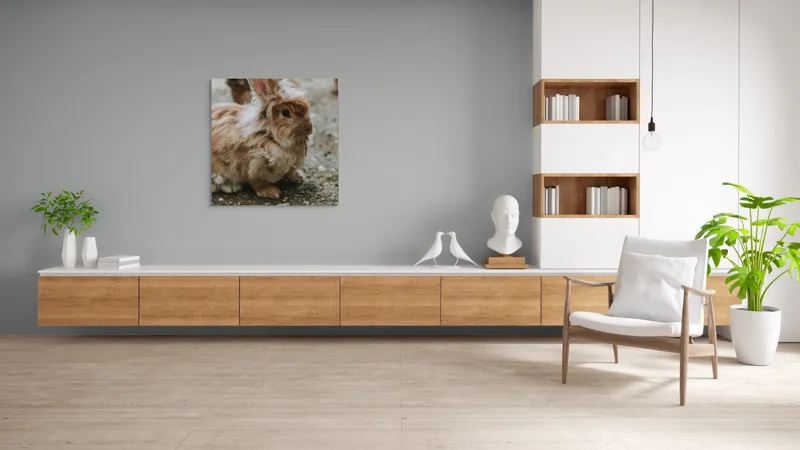 Tablou Canvas, "Pufosul de lângă vizuină toamna", Iepure, Pufos, Blană, Urechiușe, Gingaș, Drăgălaș, Natură, Calm, Morcov., 100 x 100 cm – poza 8