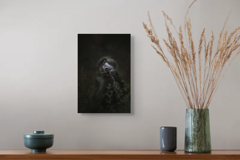 Tablou Canvas, "Contemplare în umbra naturii sălbatice", Negru, Privire, Introspecție, Textură, Mister, Natură, Profil., 26 x 39 cm – poza 5